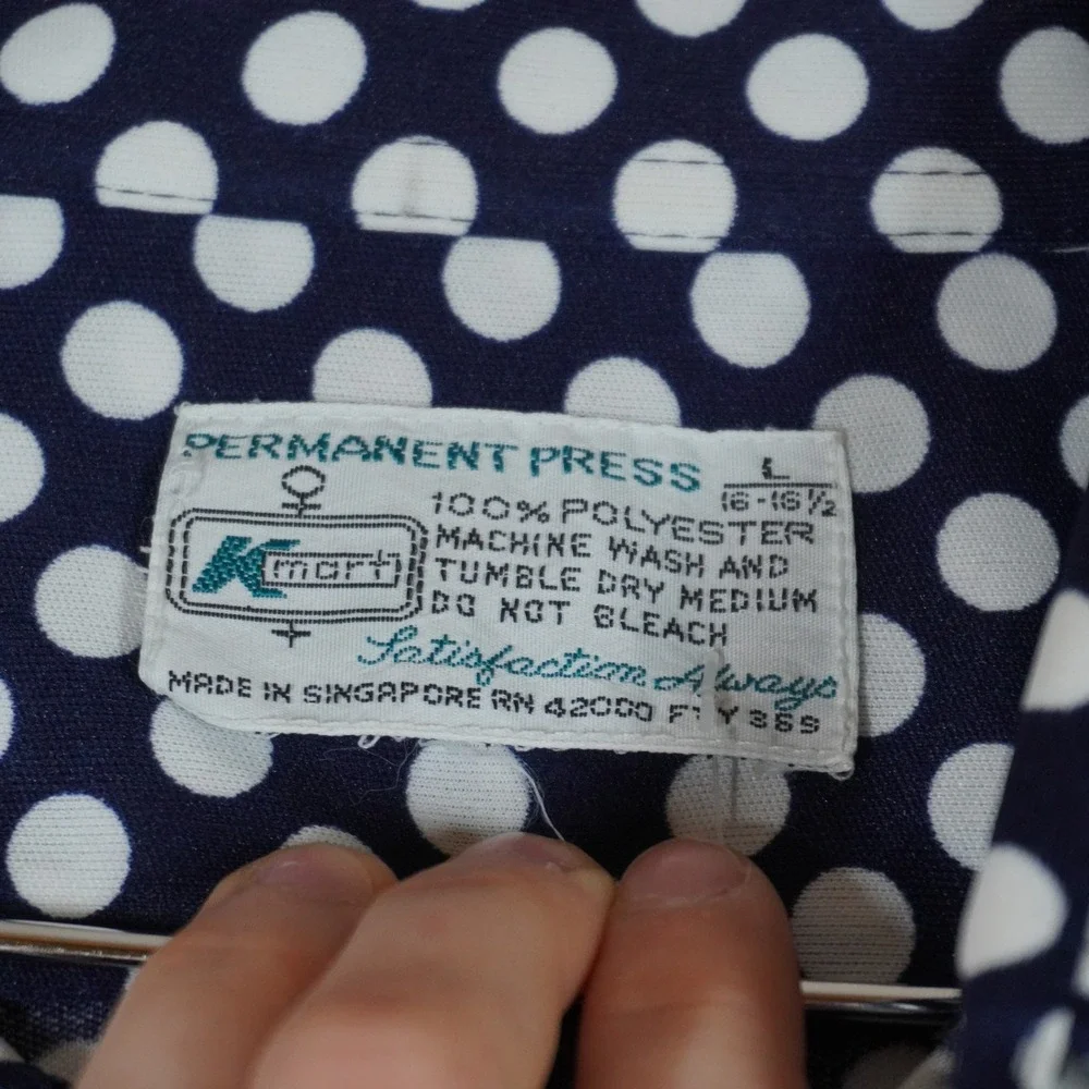 Vintage‎ Kmart Permanent Press Navy Blue White Polka Dot Shirt L 70s Disco MCM